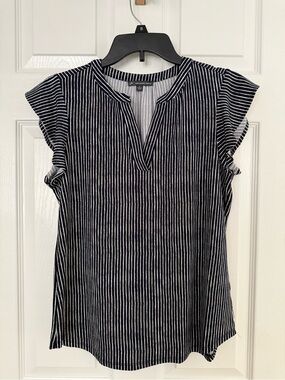 Adrianna Papell Navy and White Vertical Stripe Cap-Sleeve V-Neck Top